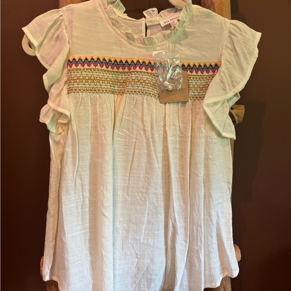 White Flutter Sleeve Blouse with Smocked Bib Collar NWT
